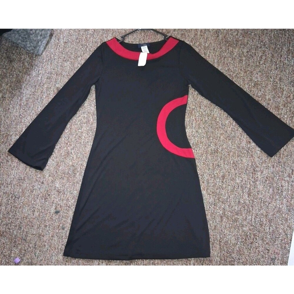 Vintage Dots Rag Y2K Colorblock Mini Dress Black Red Mod Flare Sleeve M
